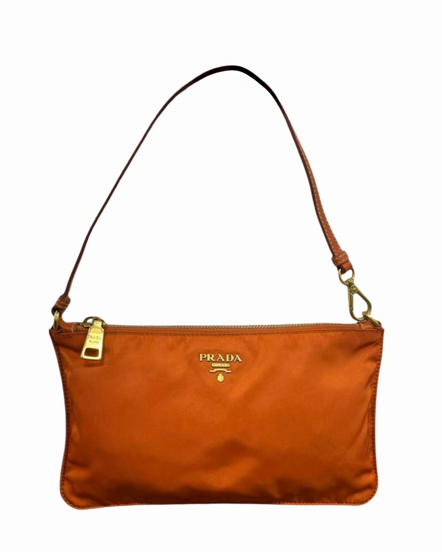 Prada Vintage Orange Nylon Rectangular Flat Small Shoulder Pochette Bag