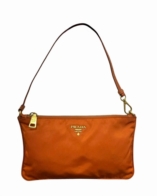 Prada Vintage Orange Nylon Rectangular Flat Small Shoulder Pochette Bag
