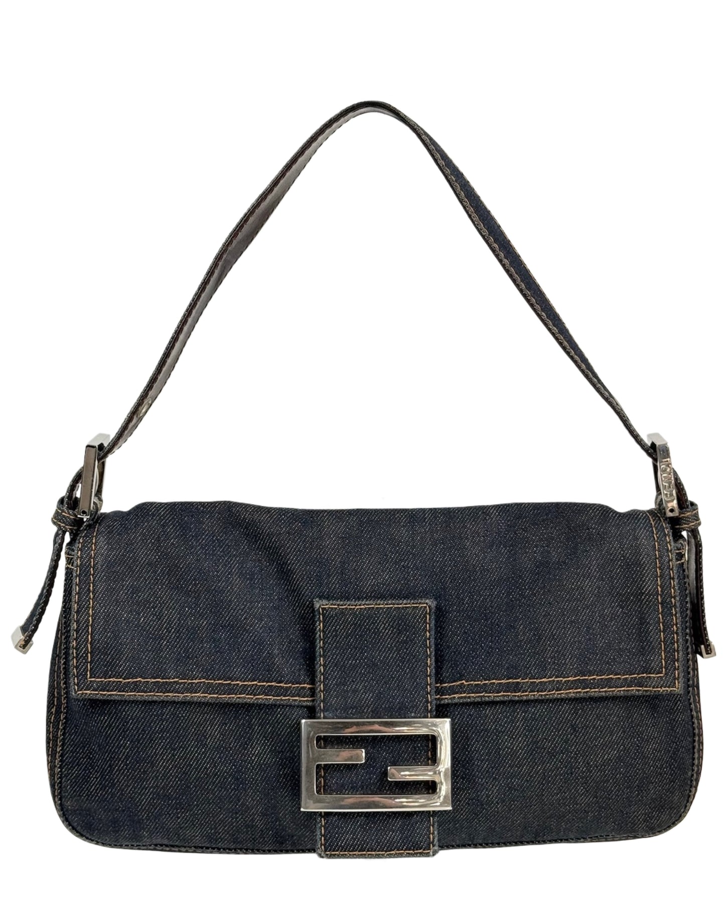 Fendi Vintage Blue Denim Classic Shoulder Baguette Bag