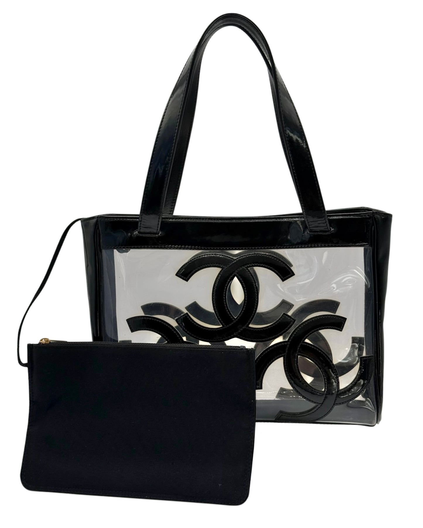 Chanel Vintage 00s Black Patent Leather PVC Triple CC Small Tote Shoulder Bag w Pouch