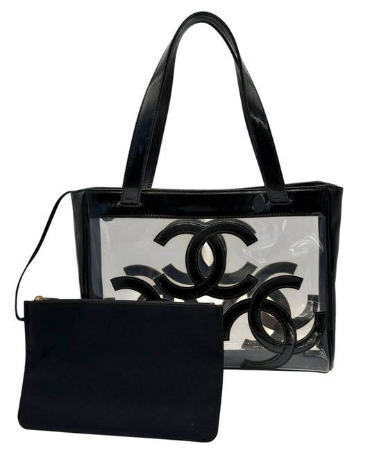 Chanel Vintage 00s Black Patent Leather PVC Triple CC Small Tote Shoulder Bag w Pouch