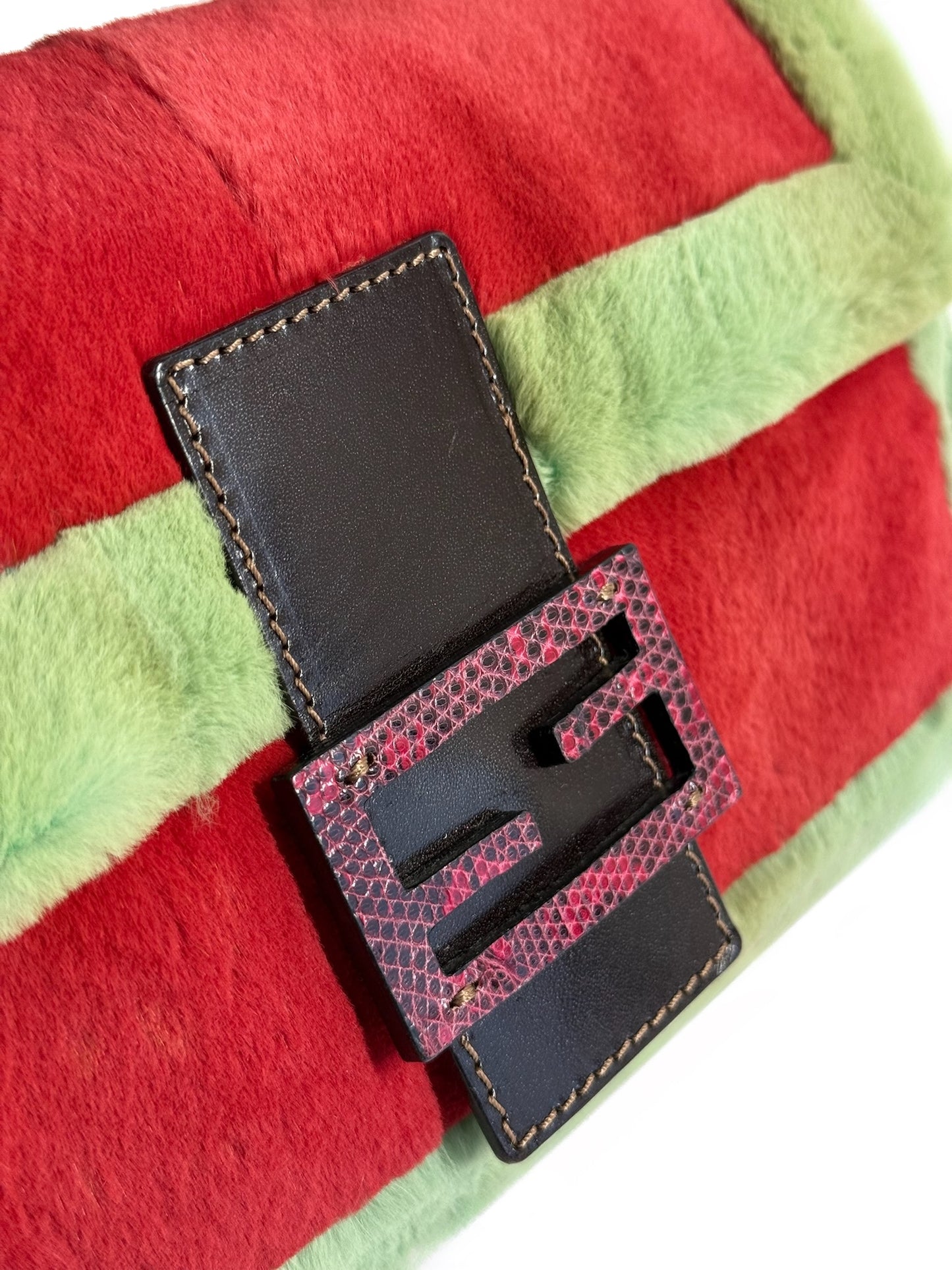 Fendi Vintage Red & Green Rabbit Fur Lizard Trim Shoulder Baguette Bag