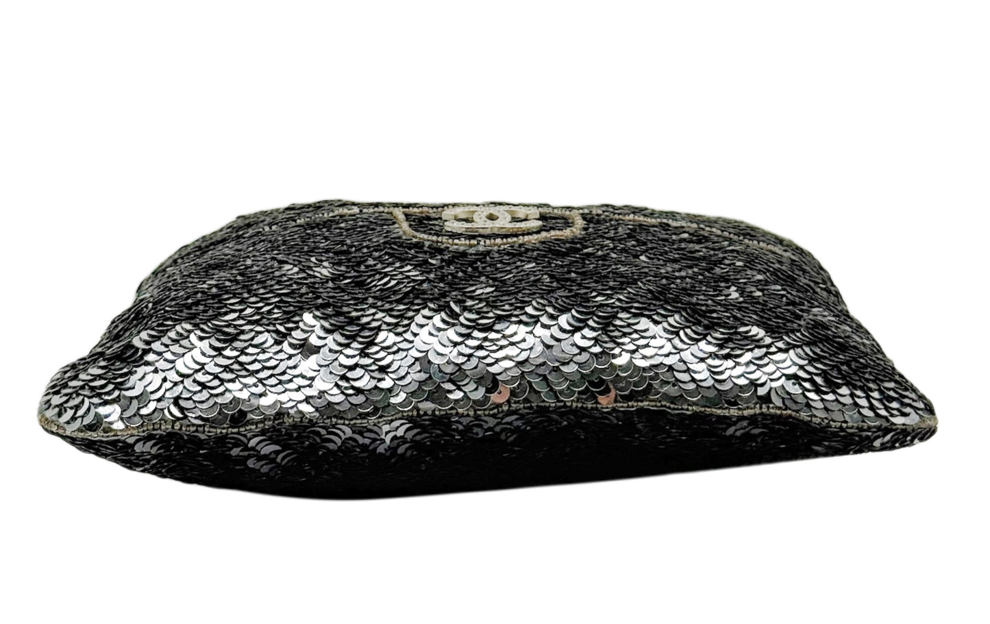 Chanel Vintage 90s Silver Sequin Beaded Crystal CC Mini Trompe L’oeil Evening Bag