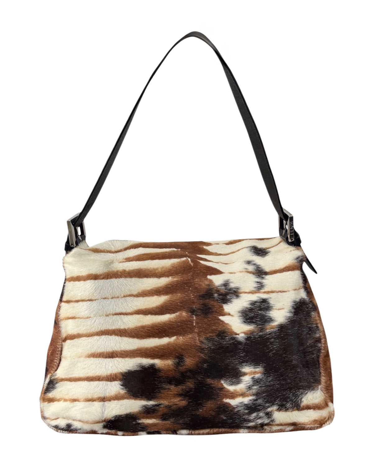 Fendi Vintage Ivory & Brown Animal Print Pony Hair Mamma Shoulder Baguette Bag