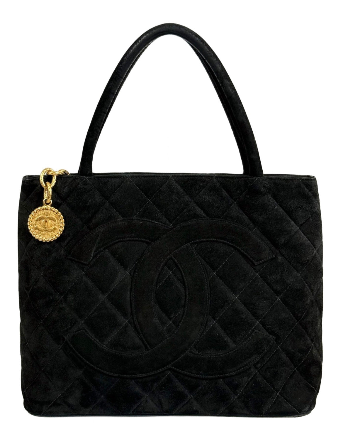 Chanel Vintage 90s Black Quilted Suede Medallion CC Shoulder Tote Bag