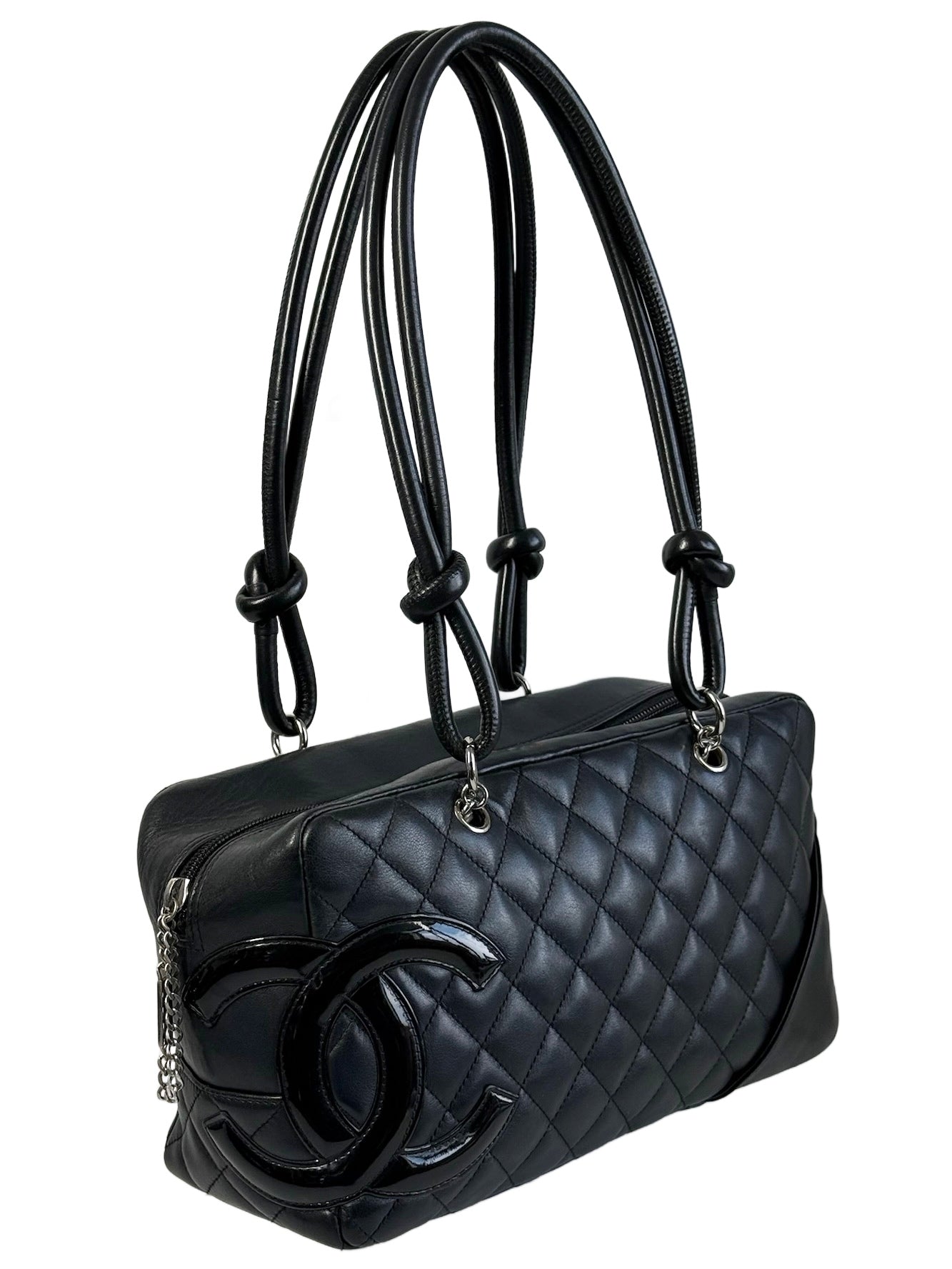 Chanel Vintage Black Quilted Lambskin Small Cambon CC Bowler Shoulder Bag