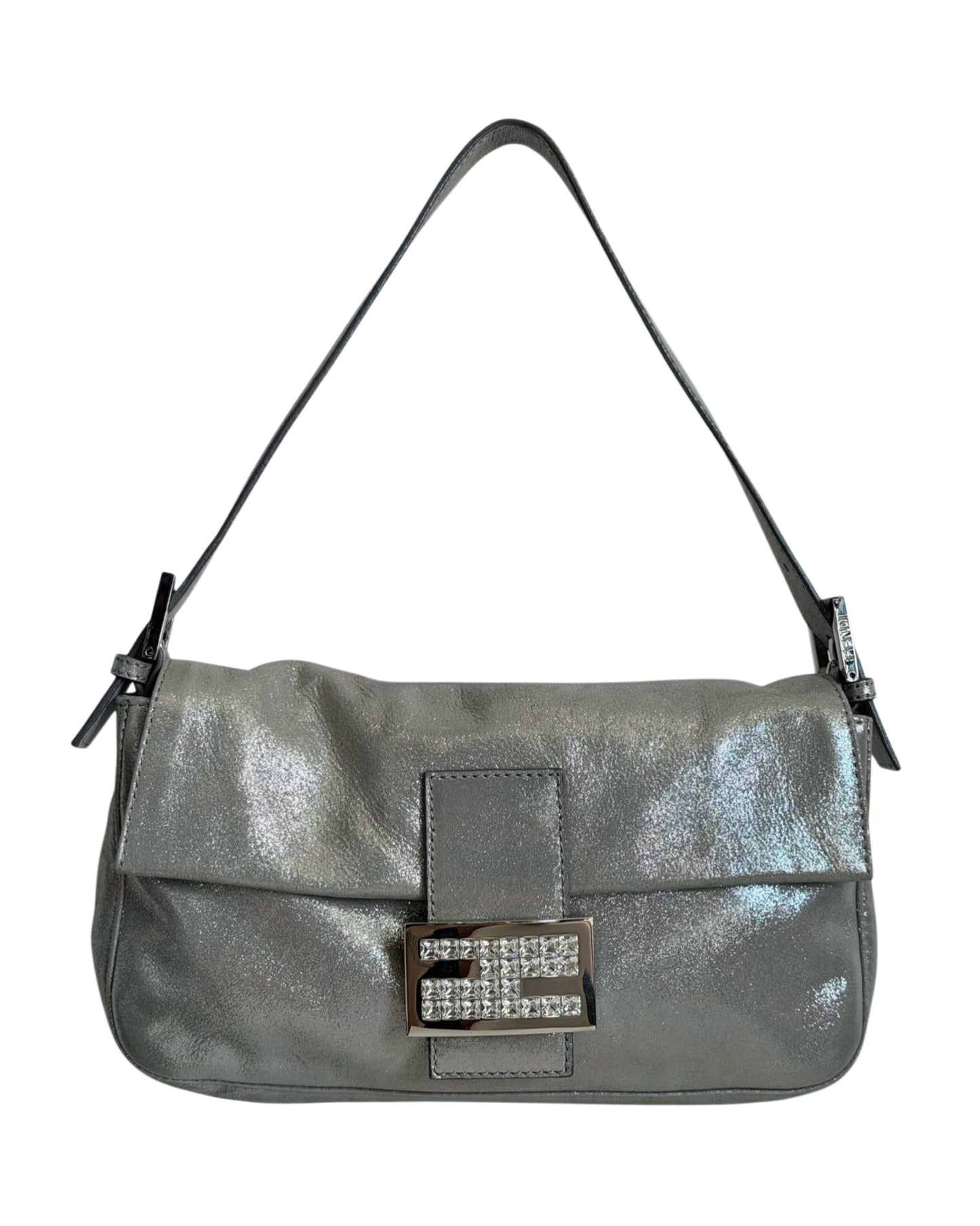 Fendi Vintage Metallic Silver Leather Crystal Logo Shoulder Baguette Bag