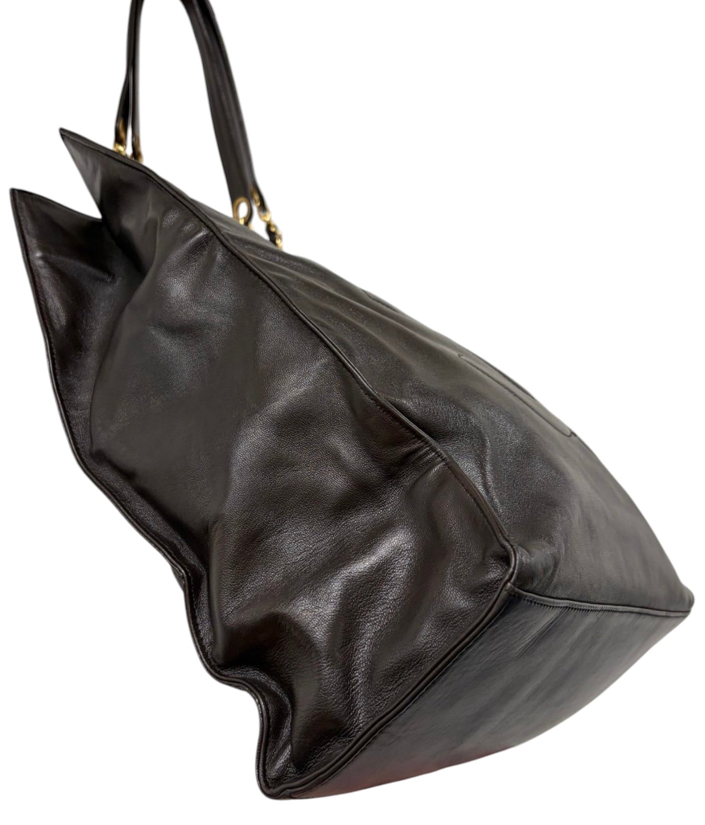 Chanel Vintage 90s Dark Brown Lambskin Timeless CC Large Shoulder Drop Chain Tote Bag