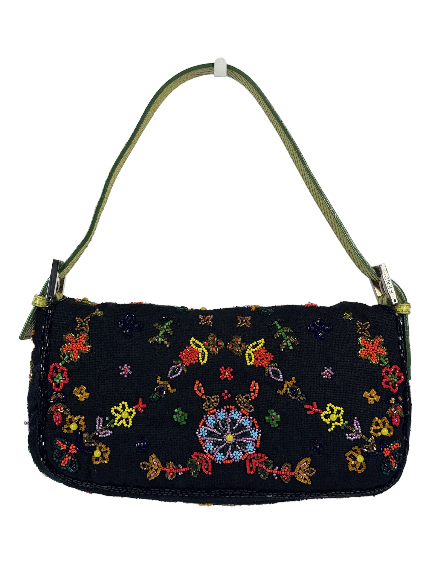 Fendi Vintage Black Knit Floral Beaded Embroidered Baguette Shoulder Bag w Green Lizard Trim