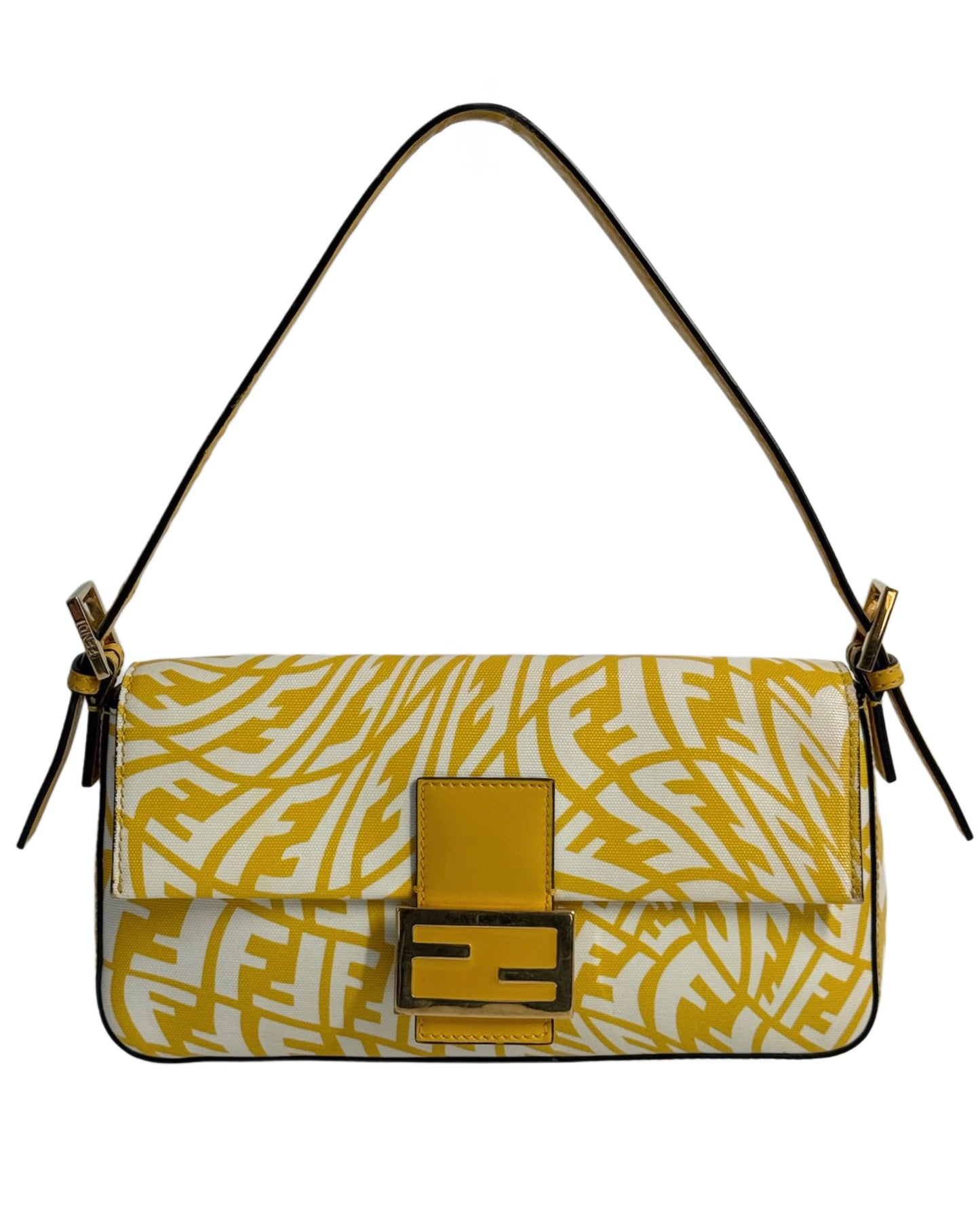 Fendi Yellow Logo Coated Canvas Shoulder Baguette Bag