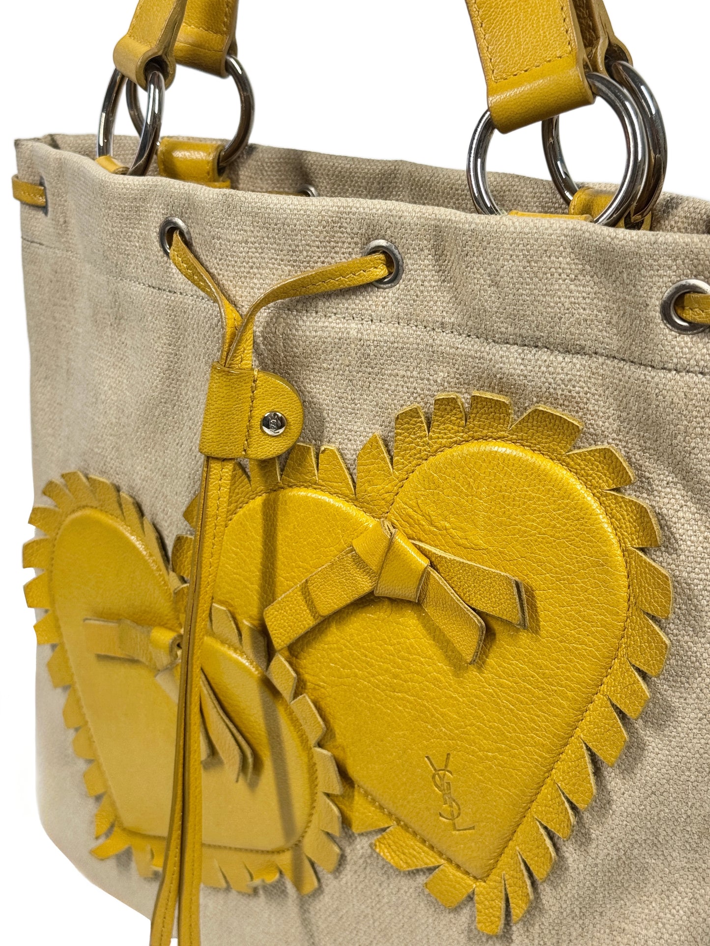 YSL / Yves Saint Laurent Vintage Yellow Leather & Canvas Heart Embellished Mini / Small Shoulder Tote Bag