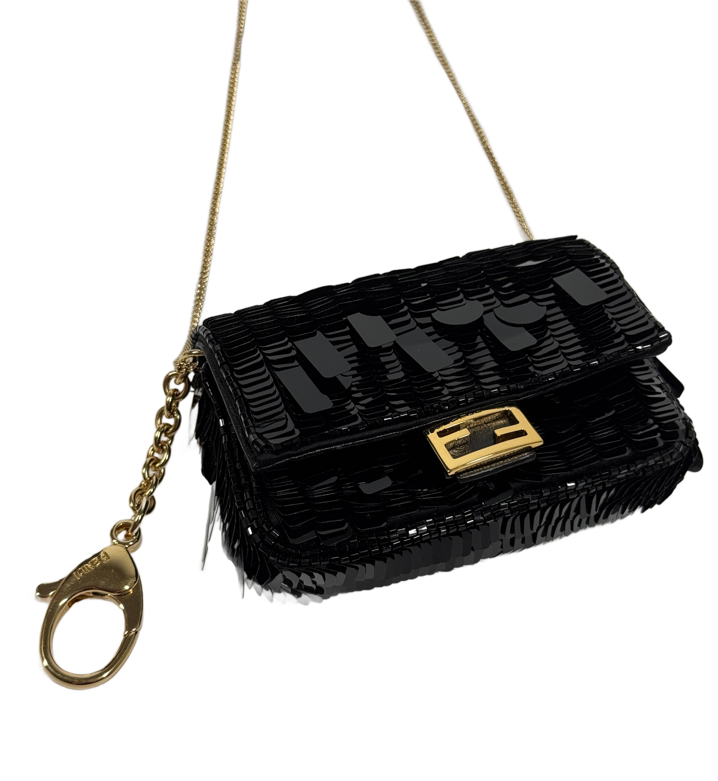 Fendi Black Shiny Sequin Paillettes Nappa Sex and the City Nano Baguette Crossbody Bag and Belt Charm