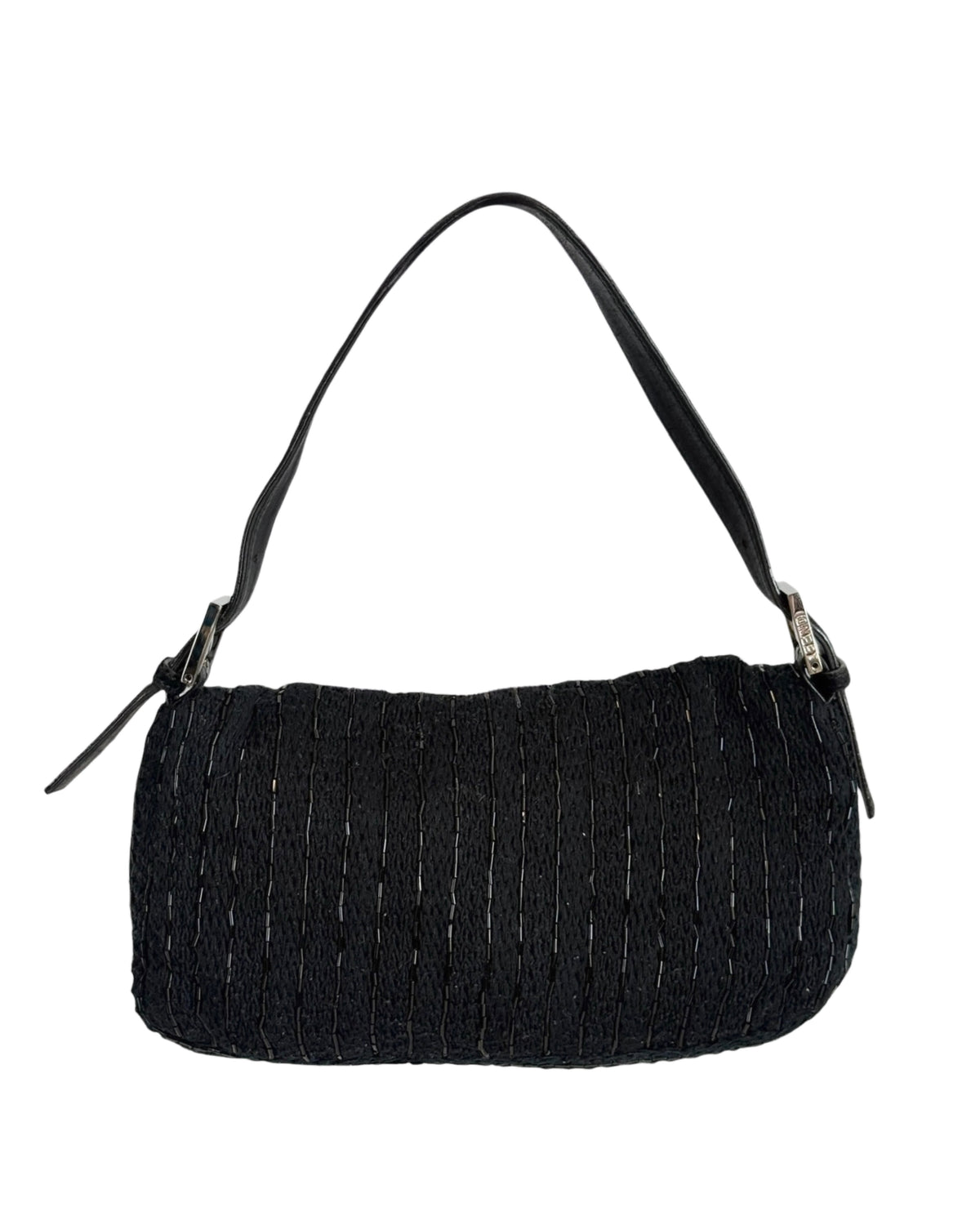 Fendi Vintage Black Knit Striped Beaded Embroidered Shoulder Baguette Bag with Pony Hair Trim