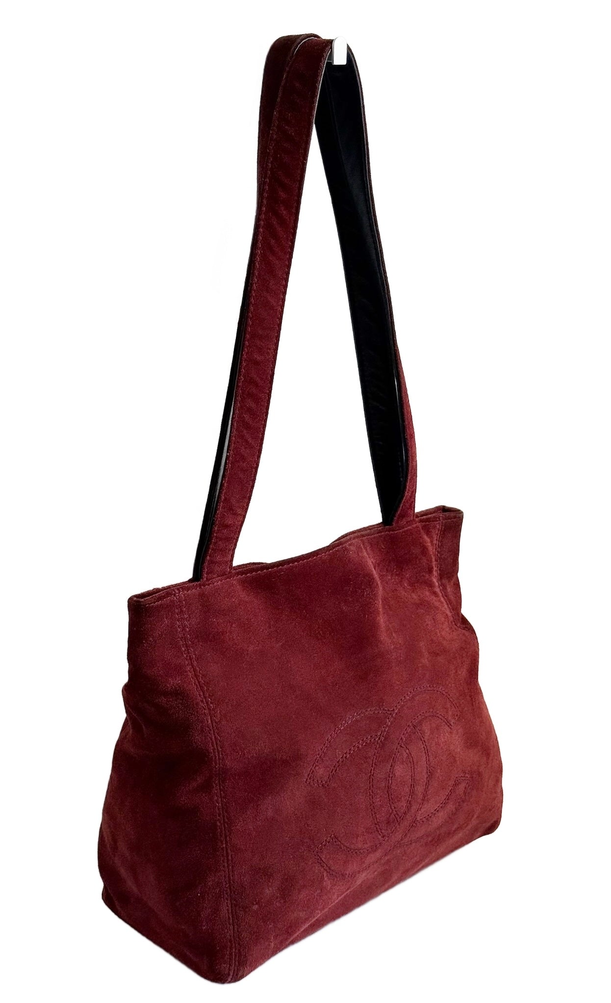 Chanel Vintage Burgundy Suede CC Logo Small Shoulder Tote Bag