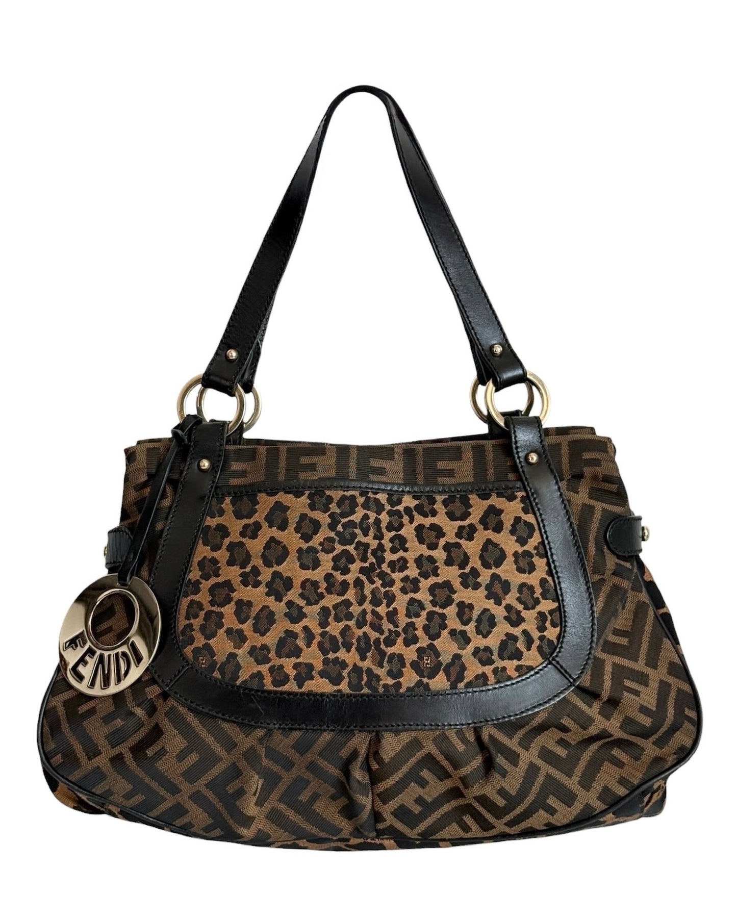 Fendi Vintage Brown Zucca Monogram Leopard Print Large Chef Shoulder Hobo Bag