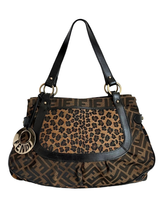 Fendi Vintage Brown Zucca Monogram Leopard Print Large Chef Shoulder Hobo Bag