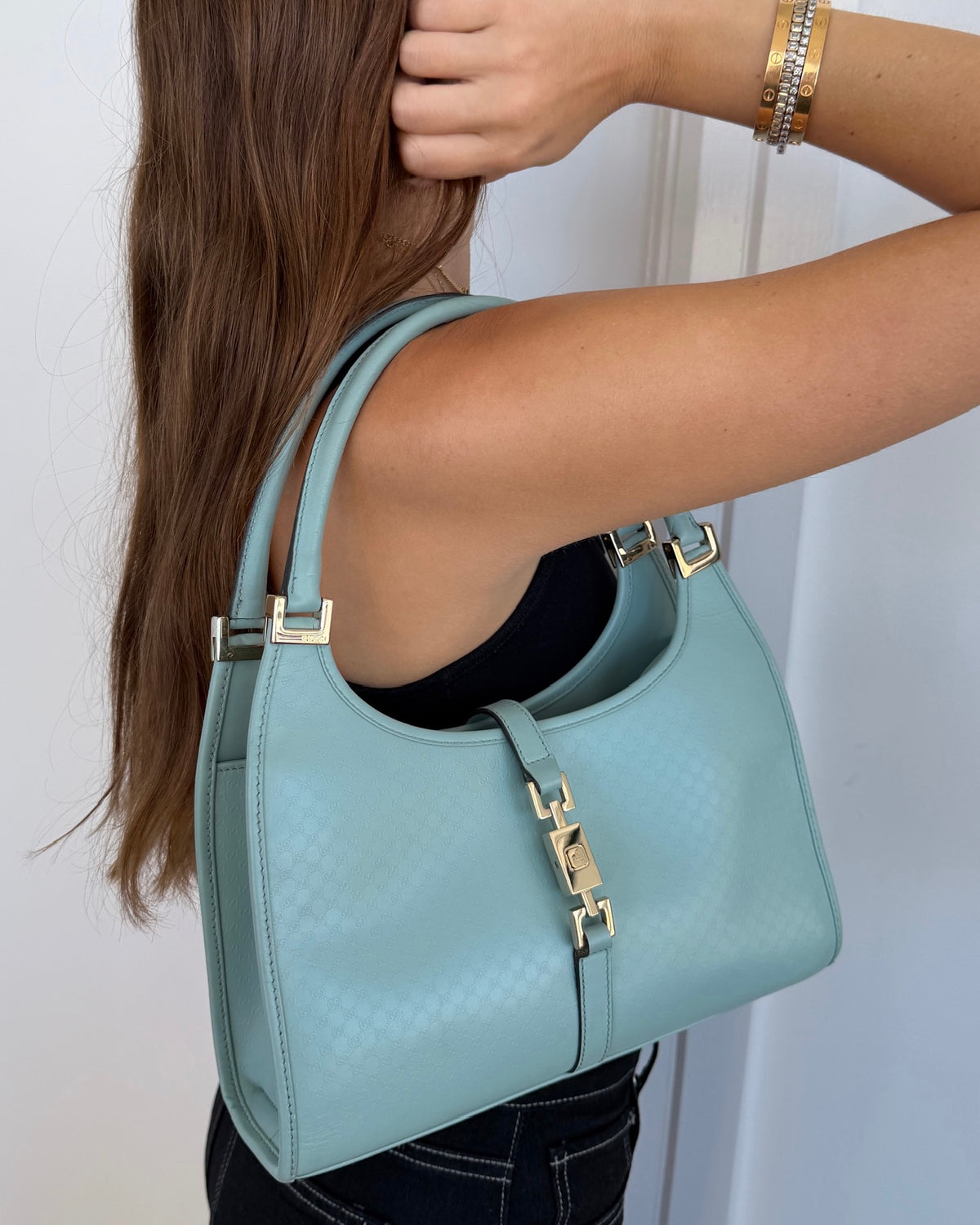 Gucci Vintage Blue Microguccissima GG Monogram Coated Leather Small Jackie Shoulder Bag