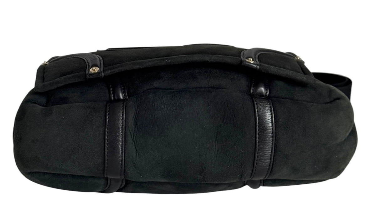 Chanel Vintage Black Micro Suede Shearling Trim CC Logo Small Shoulder Messenger Bag