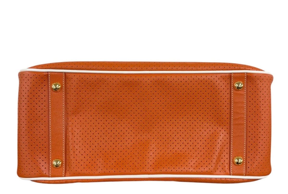 Prada Vintage Orange Perforated Leather Large Top Handle Bowling Bag