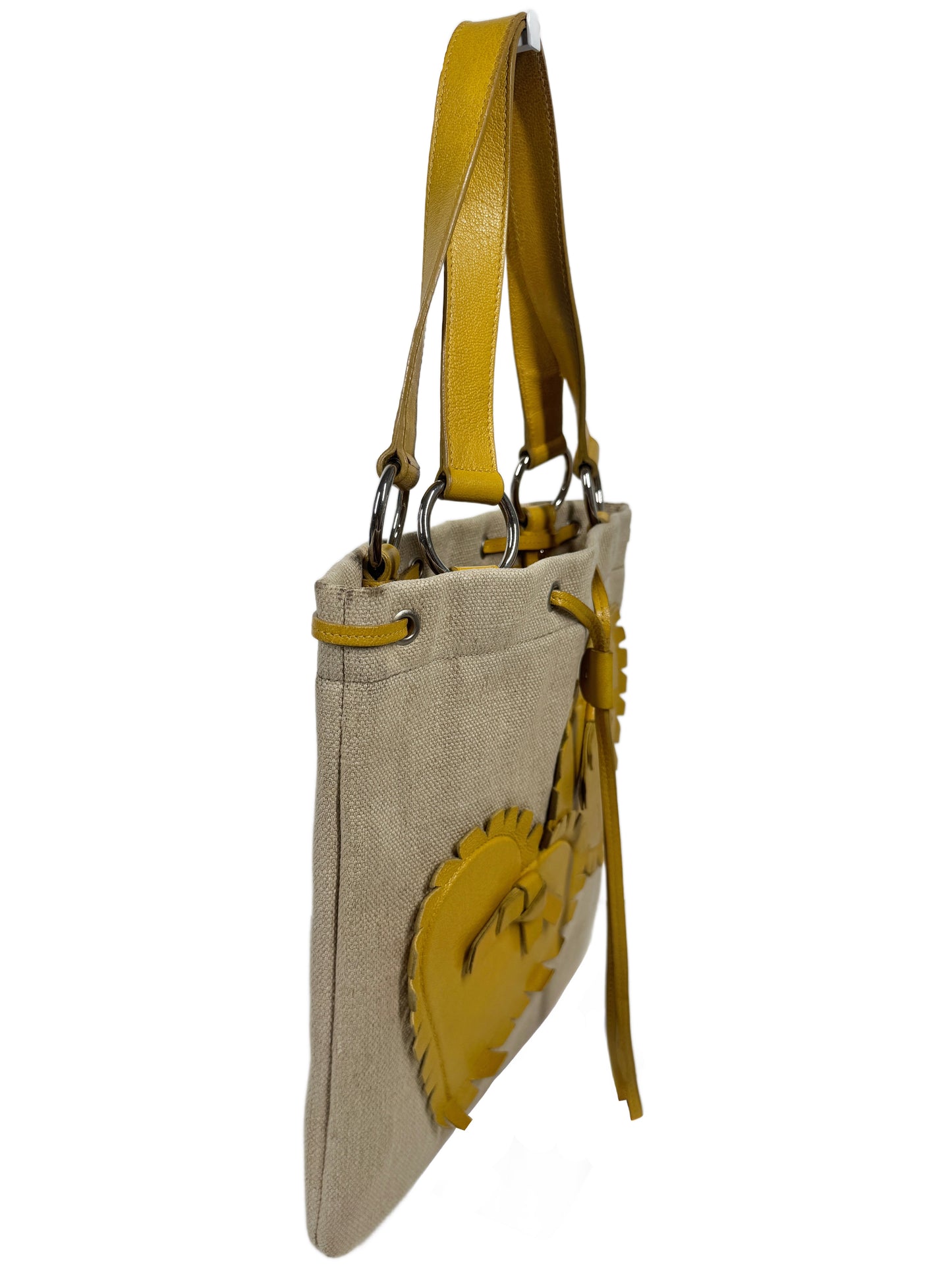 YSL / Yves Saint Laurent Vintage Yellow Leather & Canvas Heart Embellished Mini / Small Shoulder Tote Bag