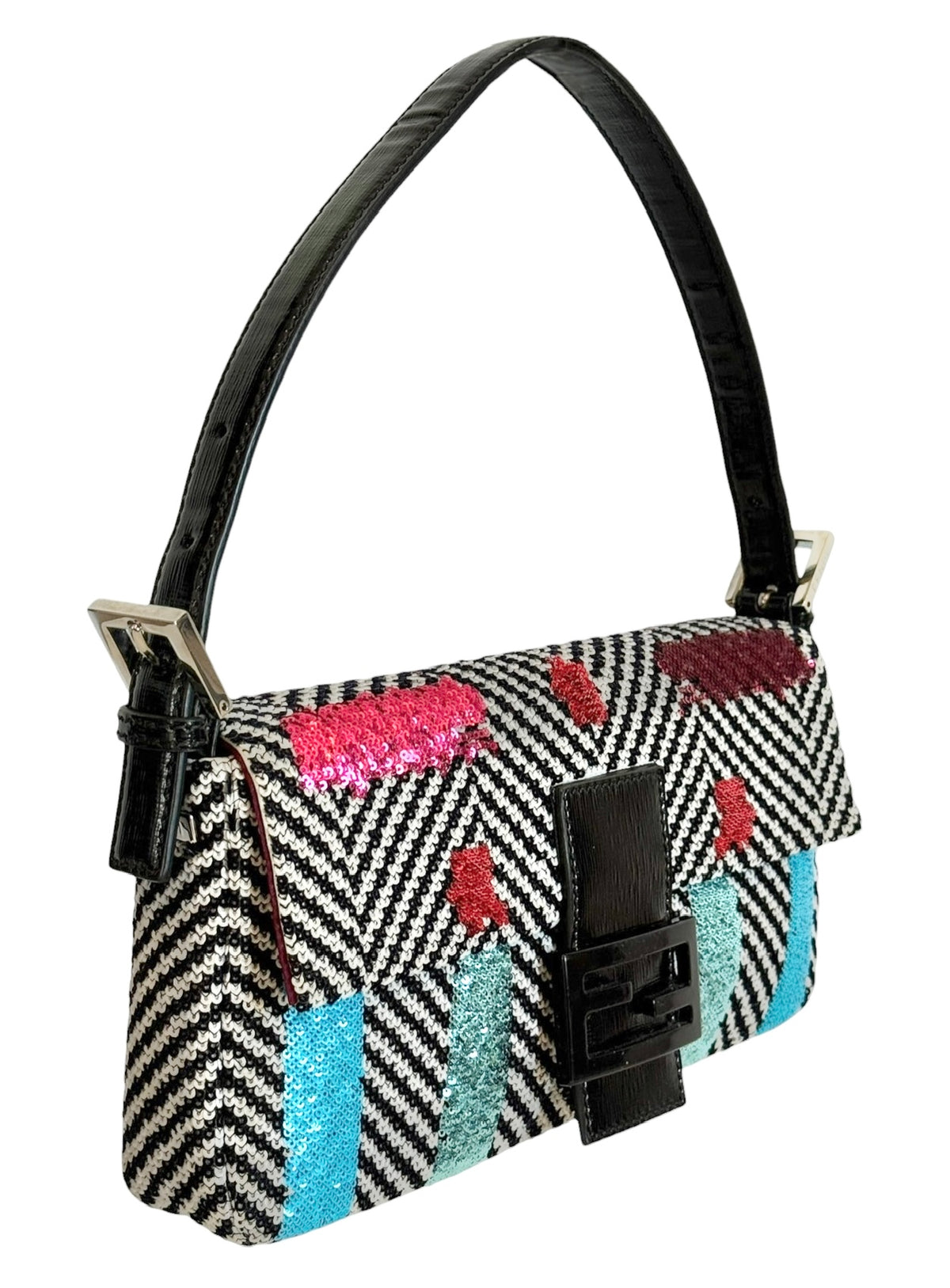 Fendi Black & White Velour Chevron Sequin Multi-color Shoulder Baguette Bag with Black Patent Leather Trim