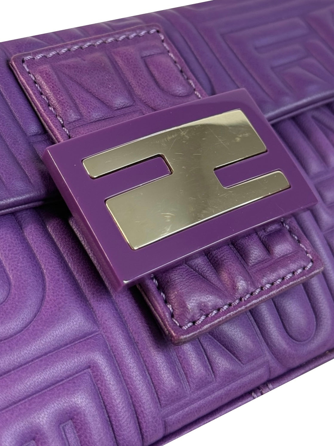 Fendi Vintage Purple Nappa Embossed Logo Leather Shoulder Mini Baguette Shoulder Bag