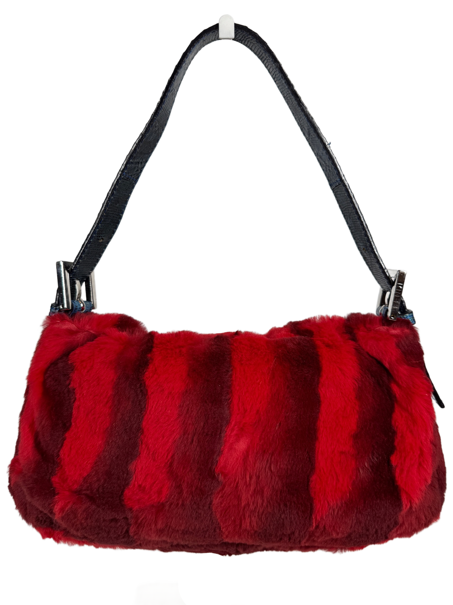 Fendi Vintage Red Rabbit Fur Blue Lizard Trim Shoulder Baguette Bag