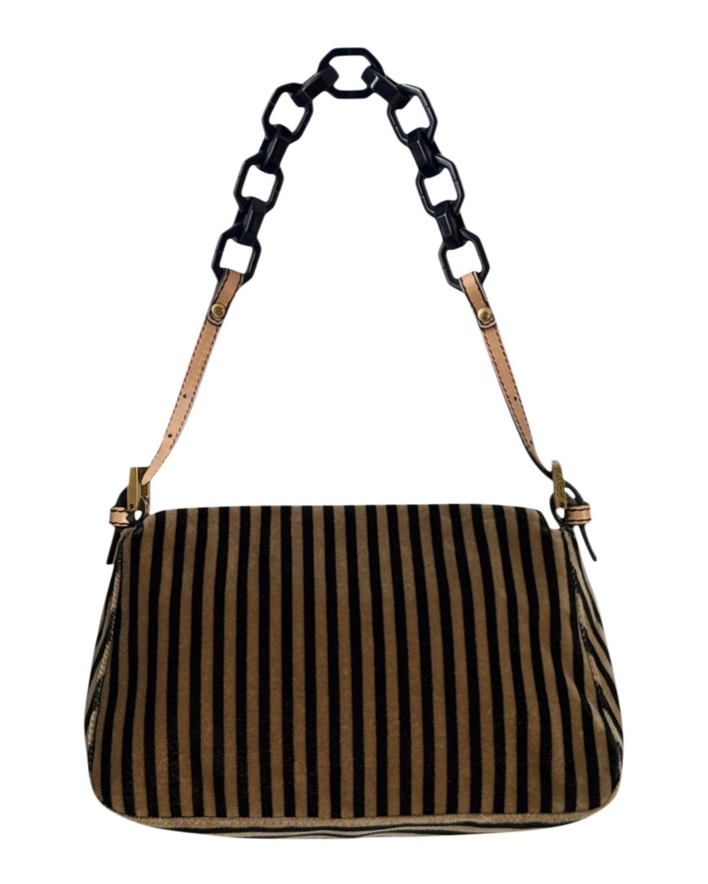 Fendi Vintage Velour Velvet Beige & Black Striped Chain Link Mini Mamma Shoulder Baguette Bag with Acrylic Chain Handle 