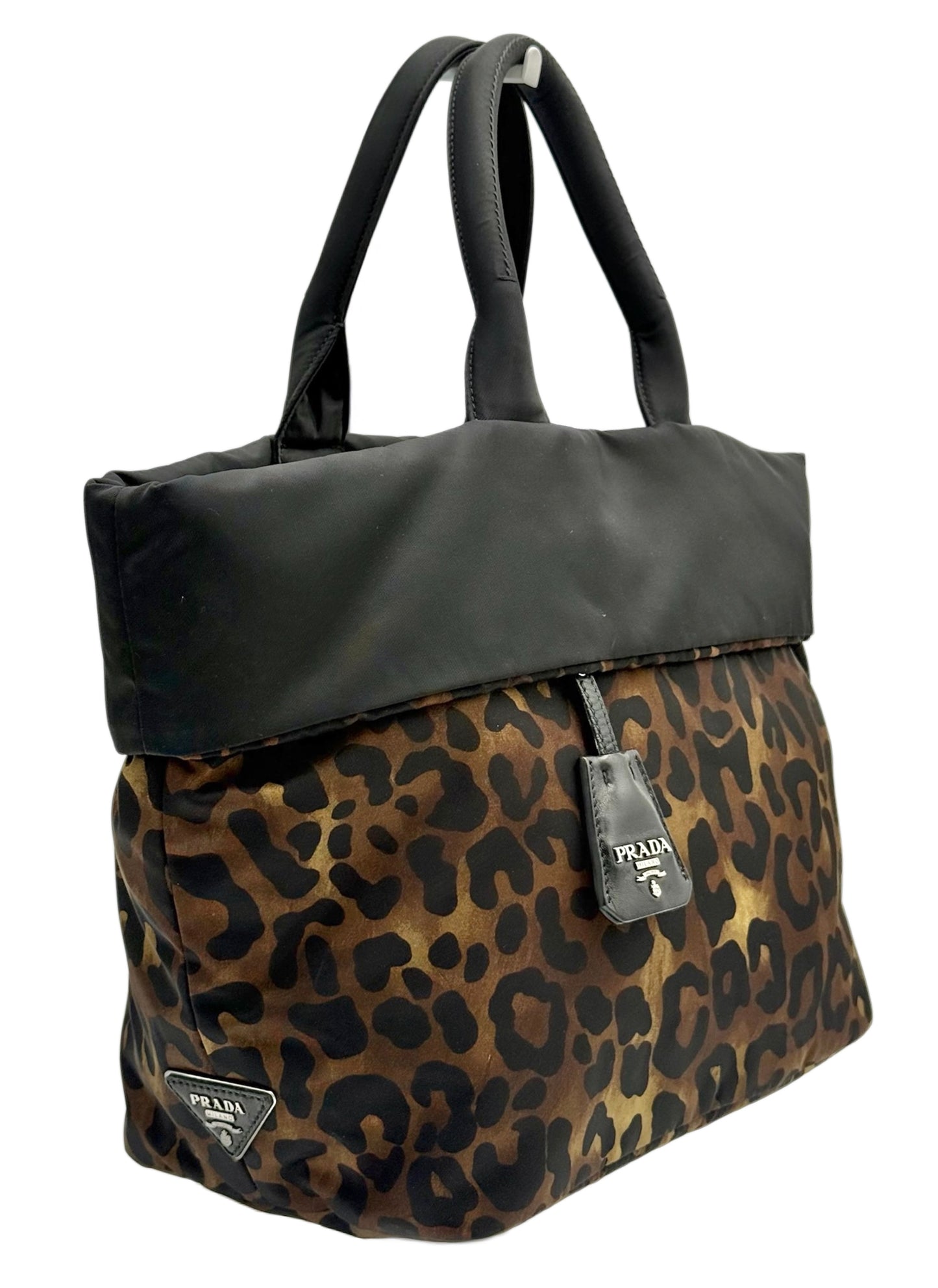 Prada Vintage Black & Green Leopard Print Tessuto Nylon Reversible Tote Bag w Shoulder Strap