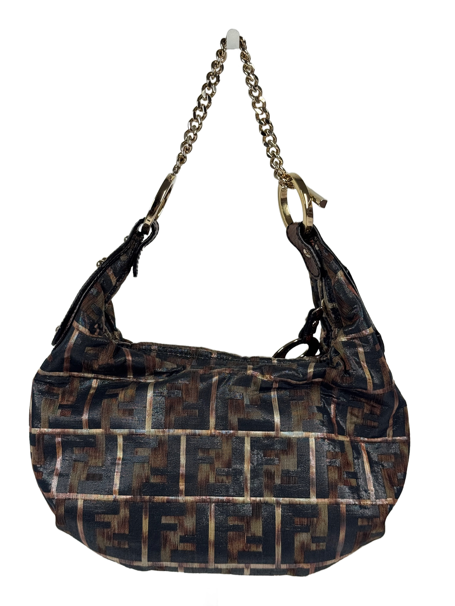 Fendi Brown & Black Metallic Zucca Monogram Canvas Chef Hobo Mini Shoulder Chain Bag