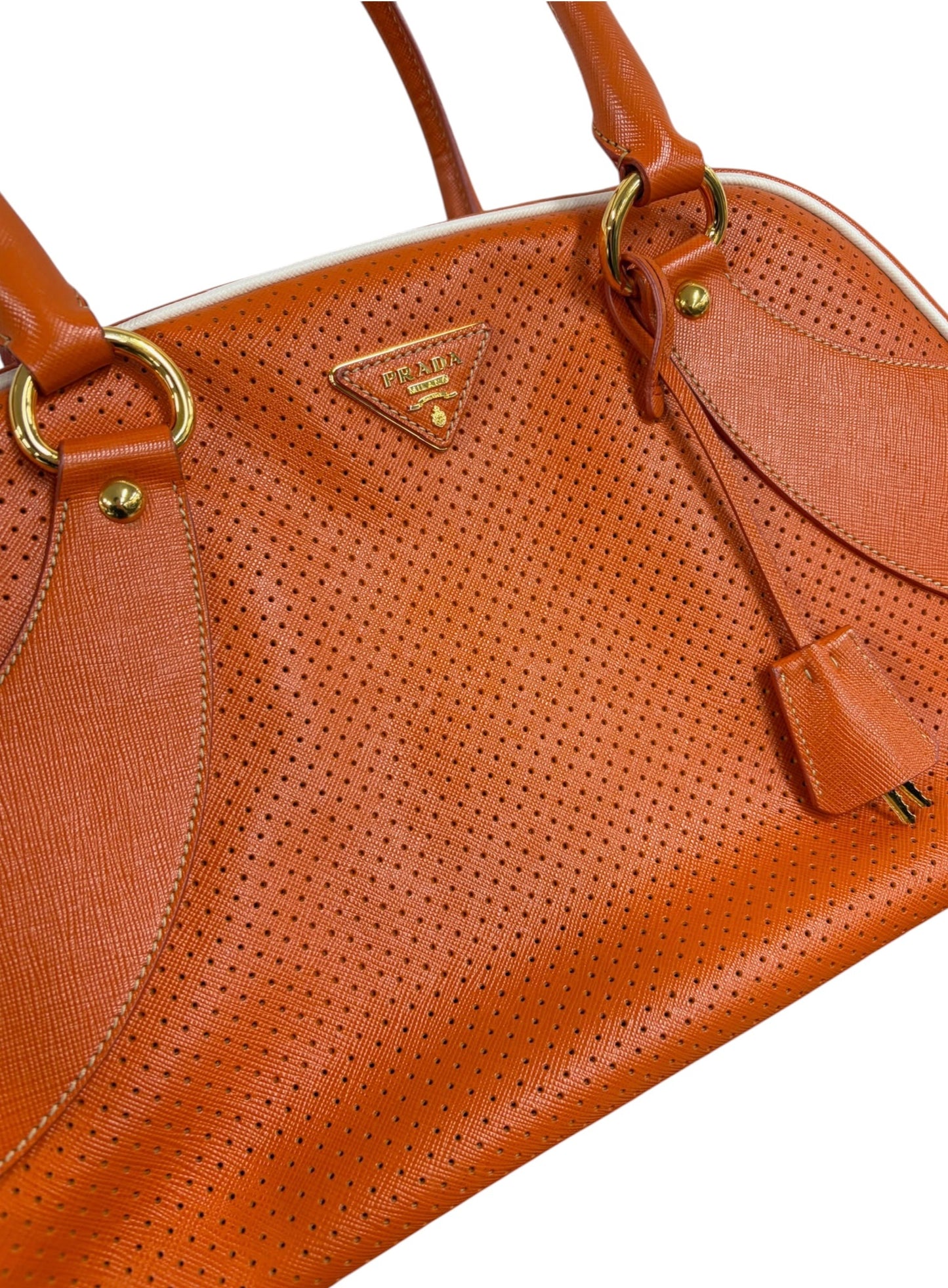 Prada Vintage Orange Perforated Leather Large Top Handle Bowling Bag