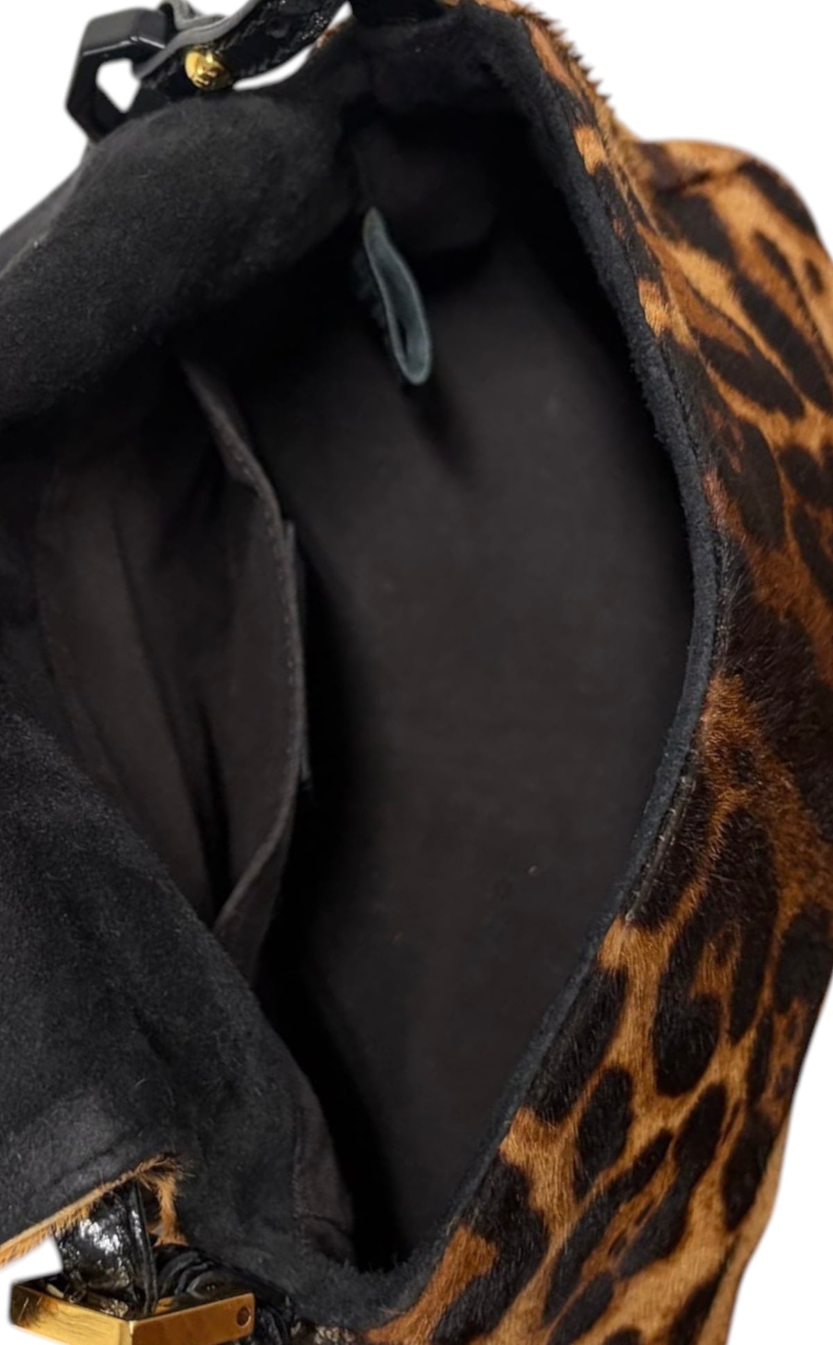 Fendi Vintage Leopard Print Pony Hair Marble Logo Mini Mamma Shoulder Baguette Bag