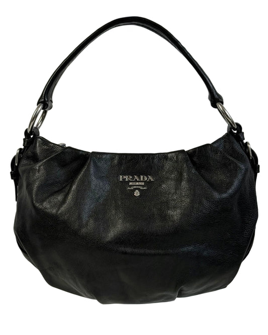 Prada Vintage Black Pebbled Leather Small Shoulder Hobo Bag