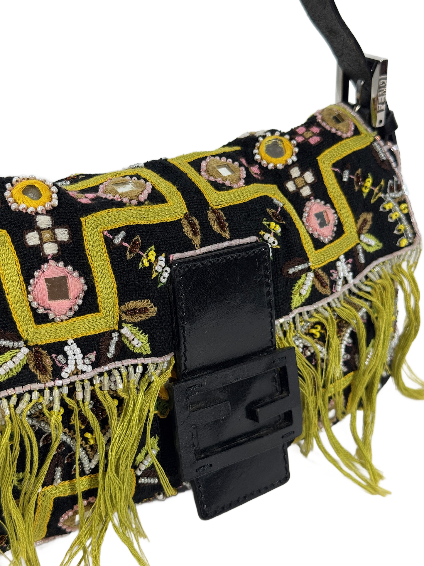 Fendi Vintage Black Knit Embroidered Pink Beaded Green Fringe Baguette Shoulder Bag