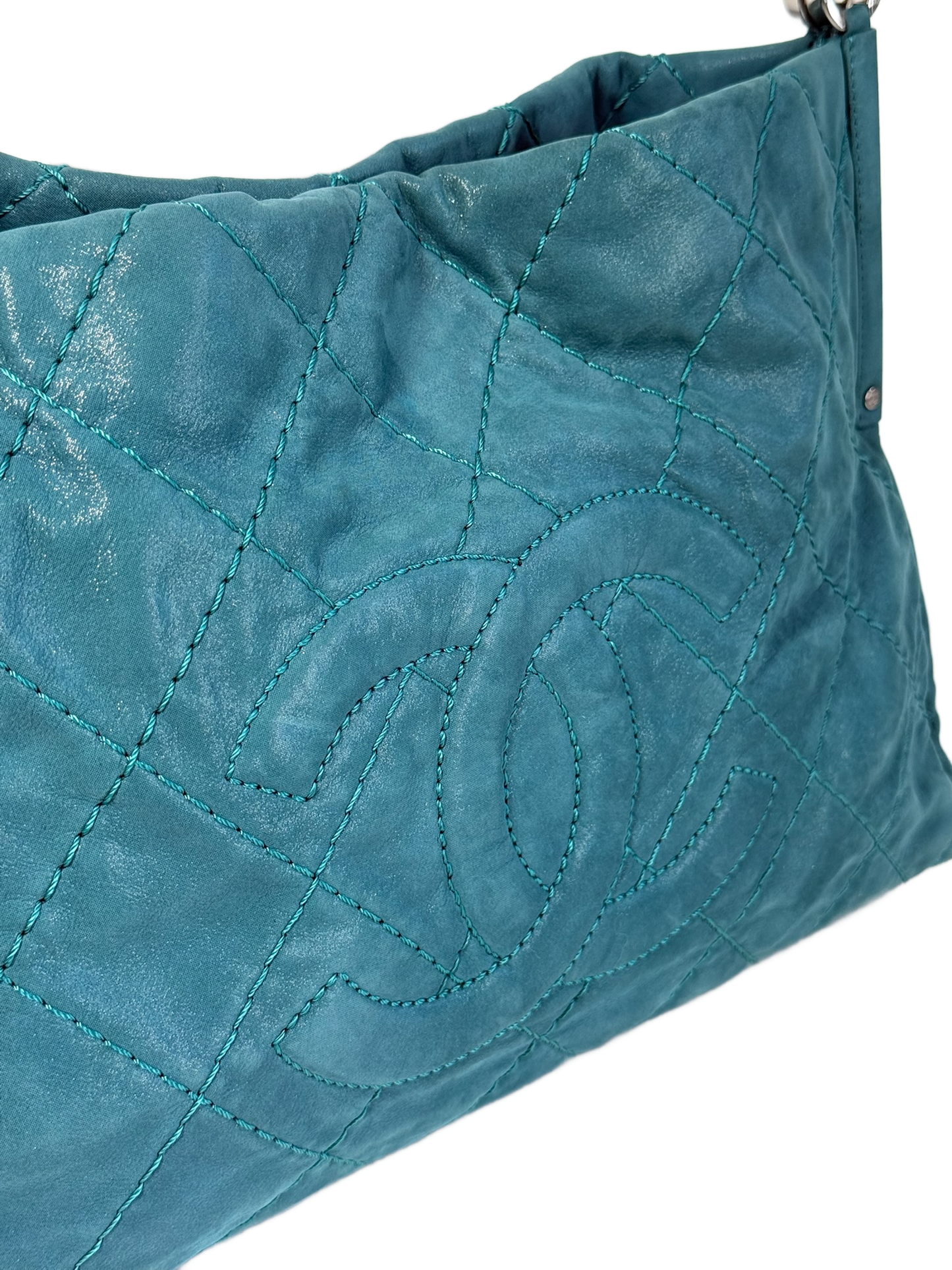 Chanel 2012 Iridescent Turquoise Crinkled Calfskin CC Medium Shoulder Tote Bag