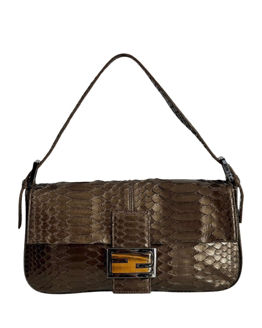 Fendi Vintage Metallic Brown Python Marble Logo Shoulder Baguette Bag
