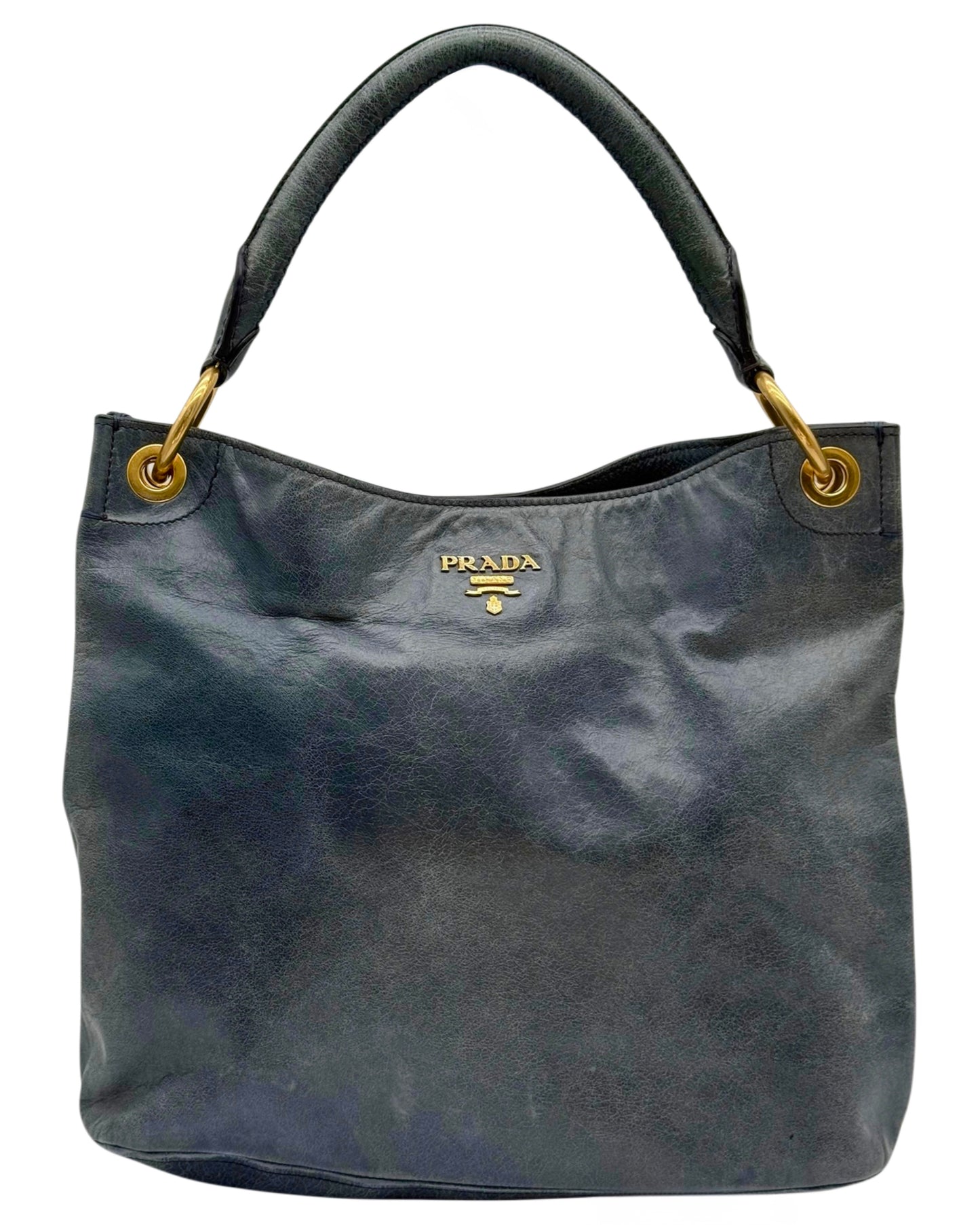 Prada Vintage Distressed Blue Crinkled Calfskin Leather Medium Hobo Shoulder Tote Bag