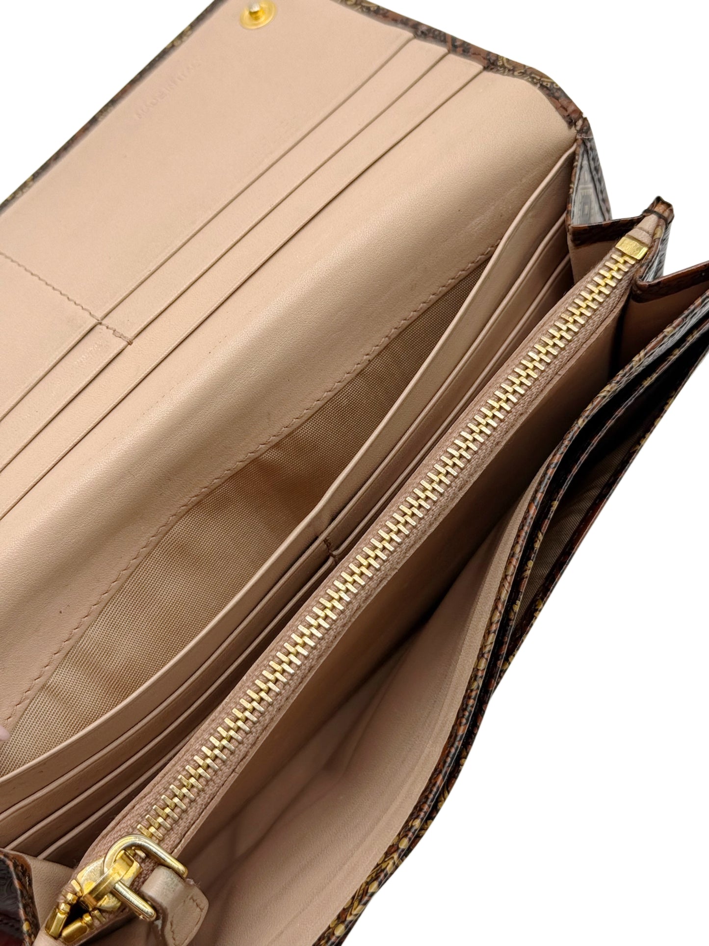 Prada Vintage Brown Leather Floral Pattern Long Snap Wallet