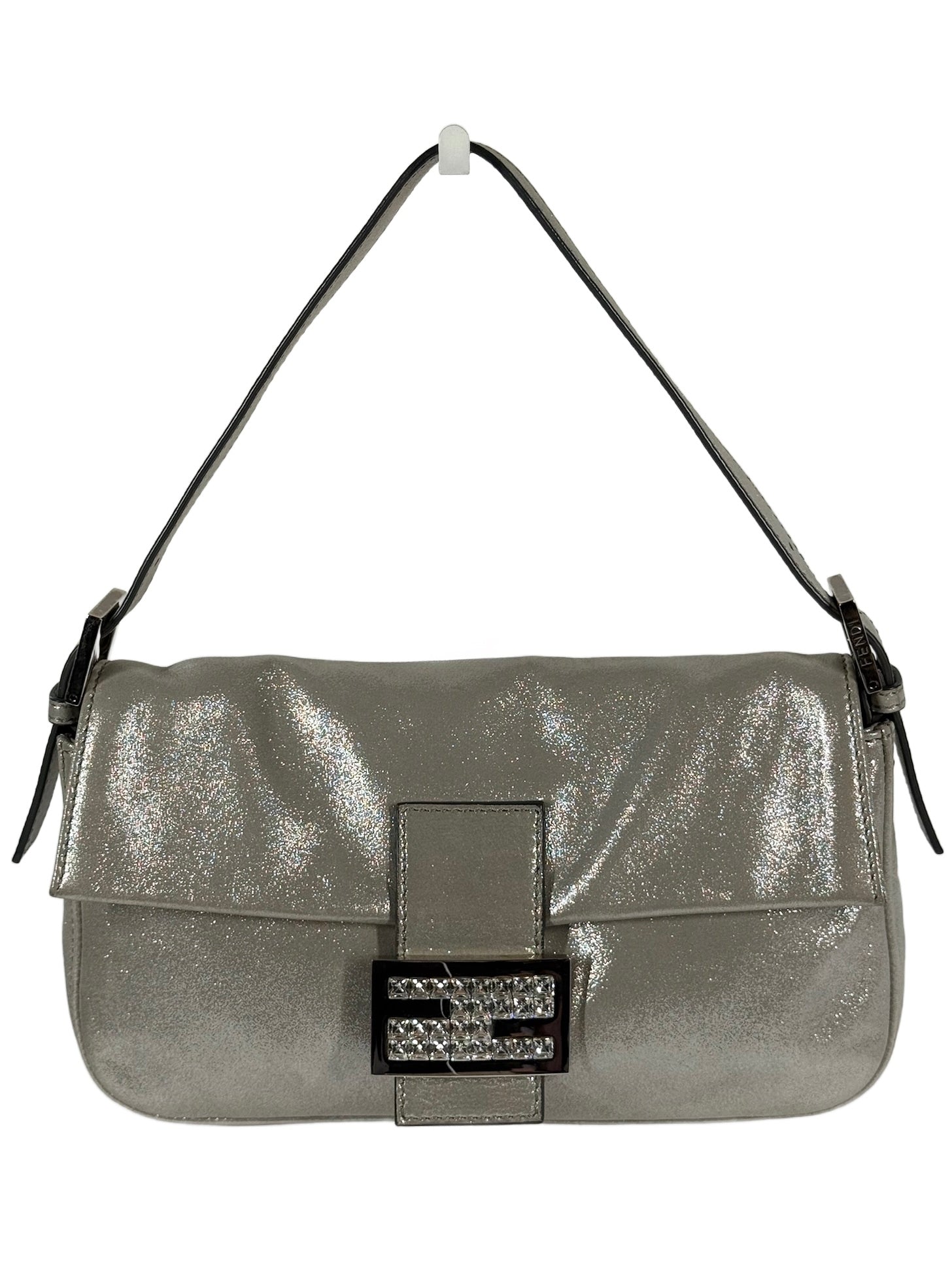 Fendi Vintage Metallic Silver Leather Crystal Logo Shoulder Baguette Bag
