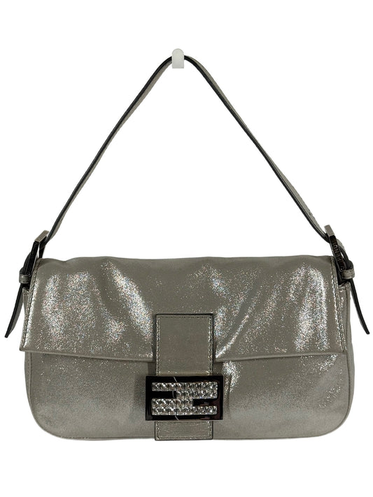Fendi Vintage Metallic Silver Leather Crystal Logo Shoulder Baguette Bag