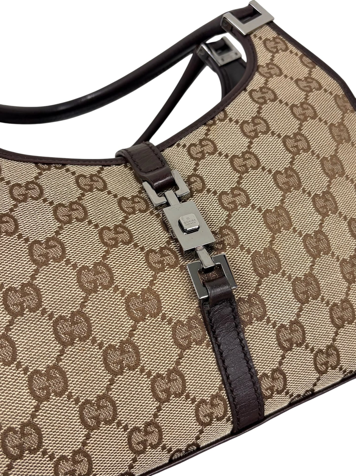 Gucci Vintage Brown GG Monogram Dark Brown Leather Trim Small Jackie Shoulder Bag