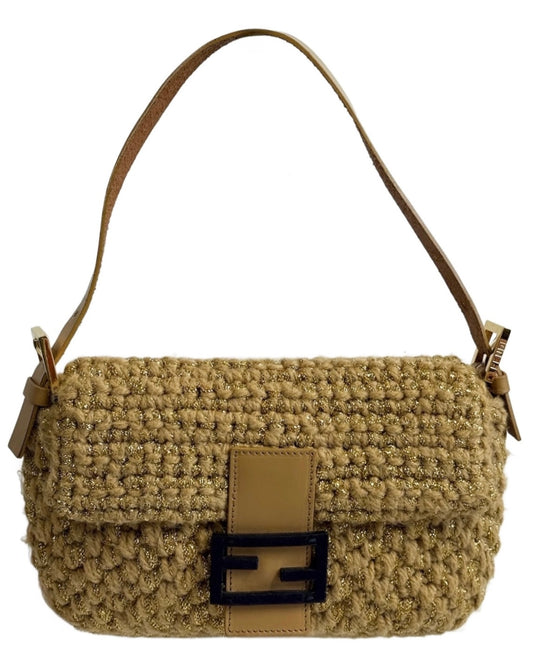 Fendi Vintage Metallic Gold Woven Wool Knit Shoulder Baguette Bag w Purple Pony Hair Logo