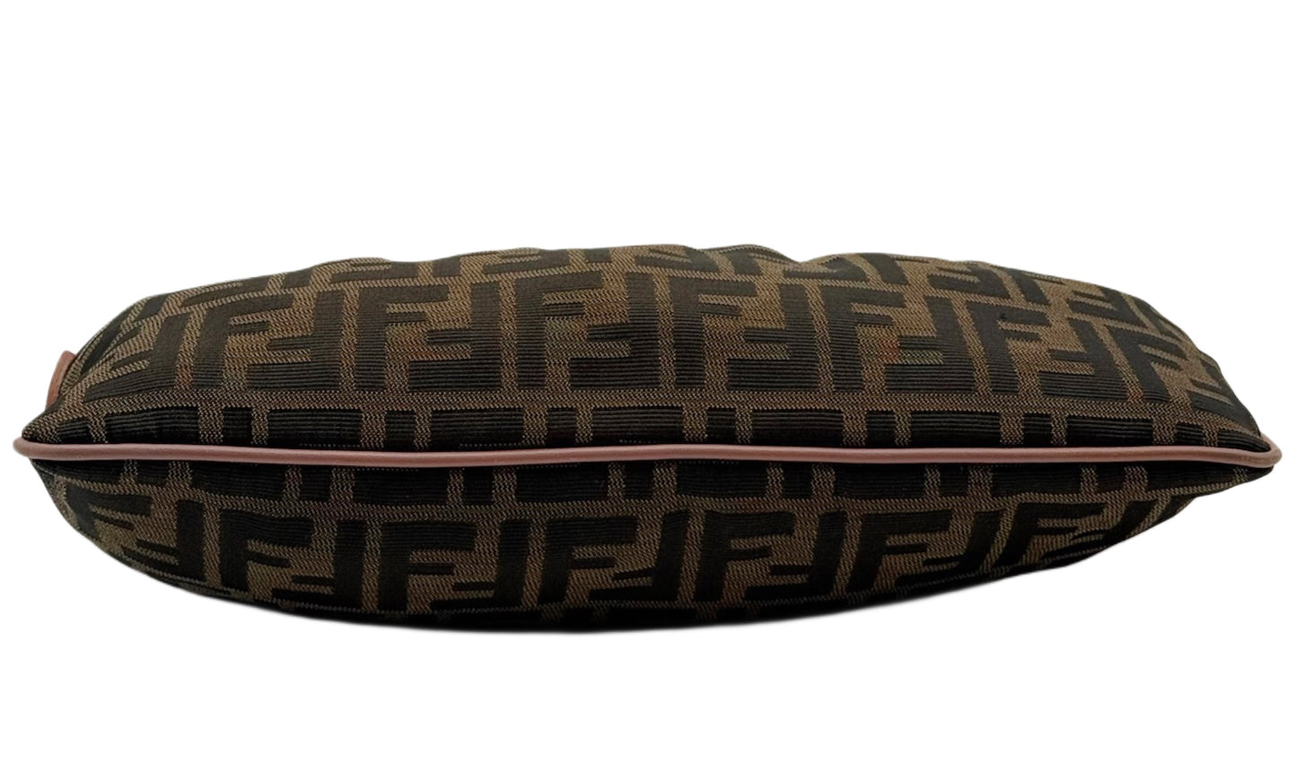 Fendi Vintage Brown Zucca Monogram O Ring Large Pochette Shoulder Bag w Mauve Pink Leather Trim