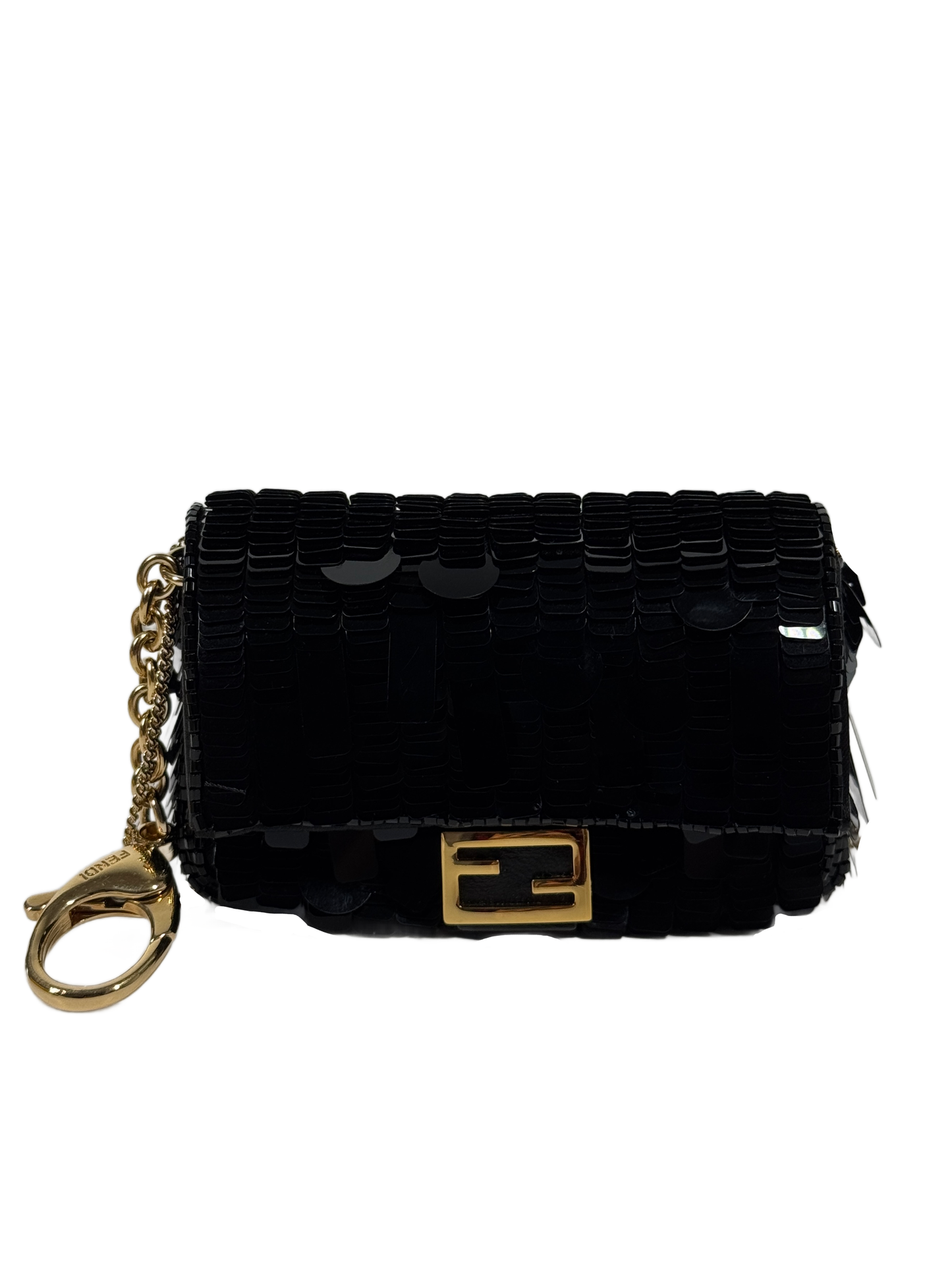 Fendi Black Shiny Sequin Paillettes Nappa Sex and the City Nano Baguette Crossbody Bag and Belt Charm