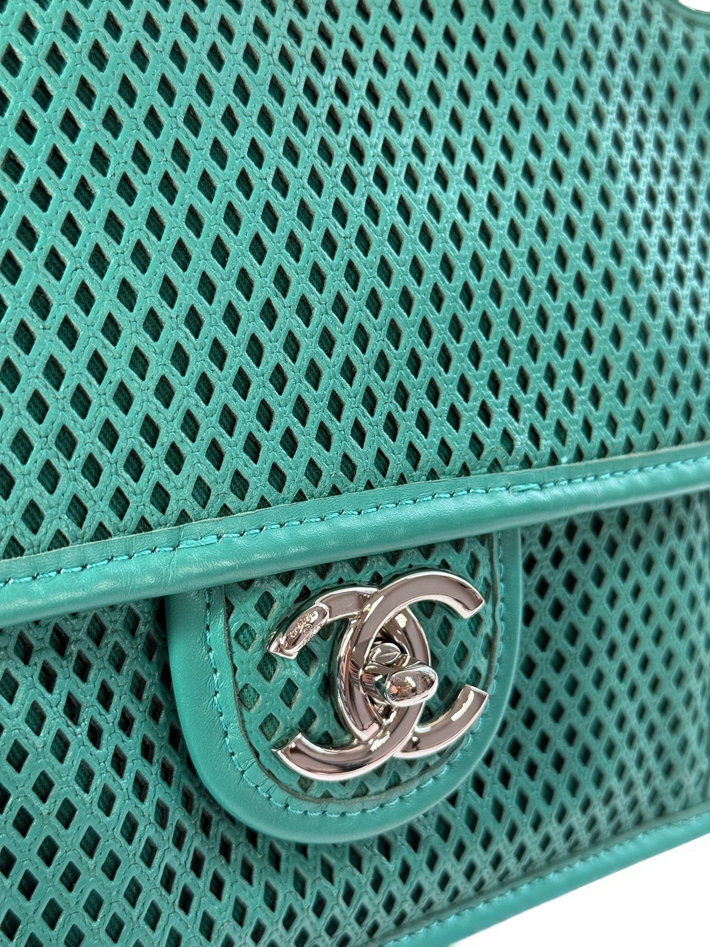 Chanel Turquoise Perforated Leather Square Flap Bag