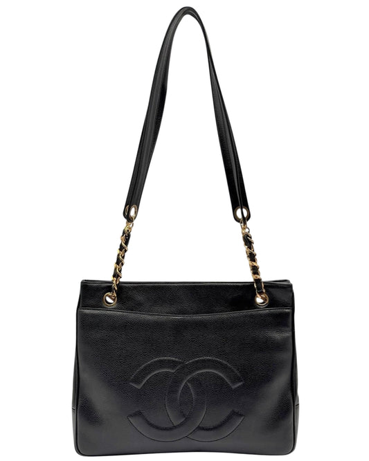 Chanel Vintage Black Caviar CC Logo Small Shoulder Drop Tote - Repainted