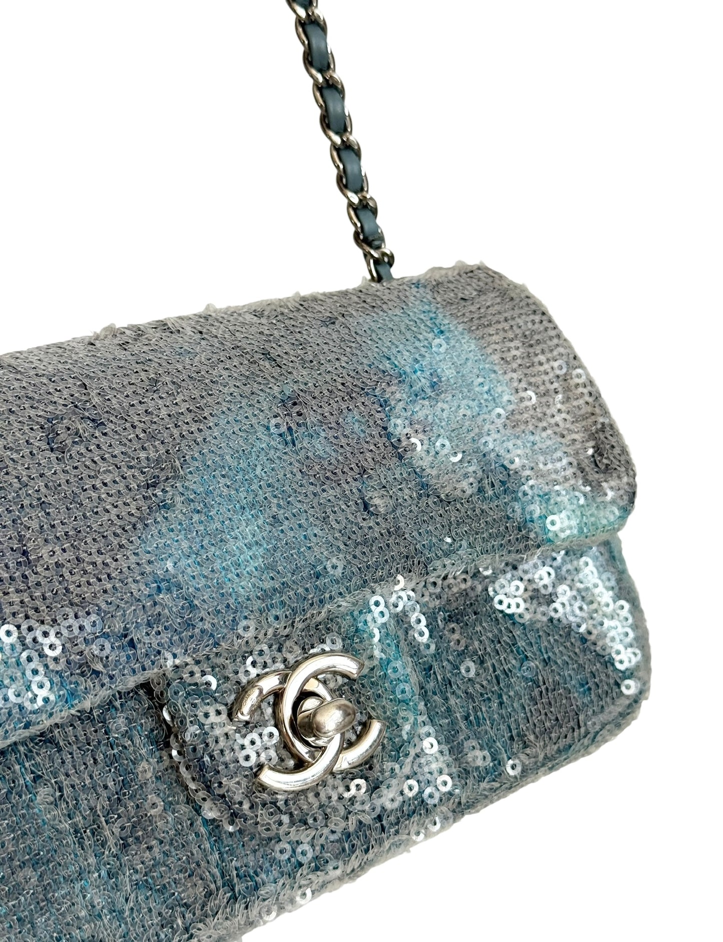 Chanel 2018 Blue Sequin Waterfall Mini Rectangular Classic Flap Bag