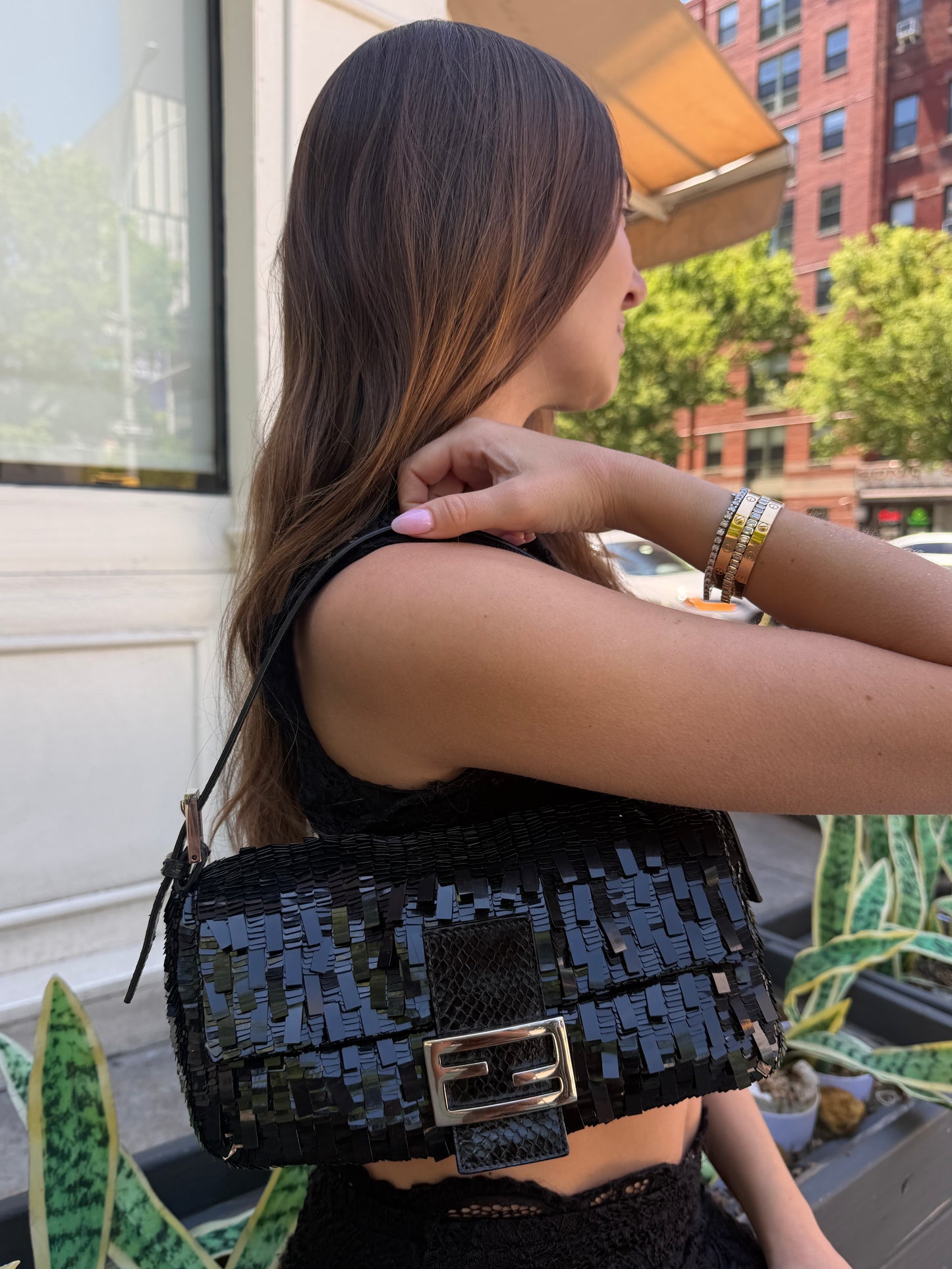 Fendi Vintage Black Palilettes Sequin & Beaded Shoulder Baguette Bag with Snakeskin Trim