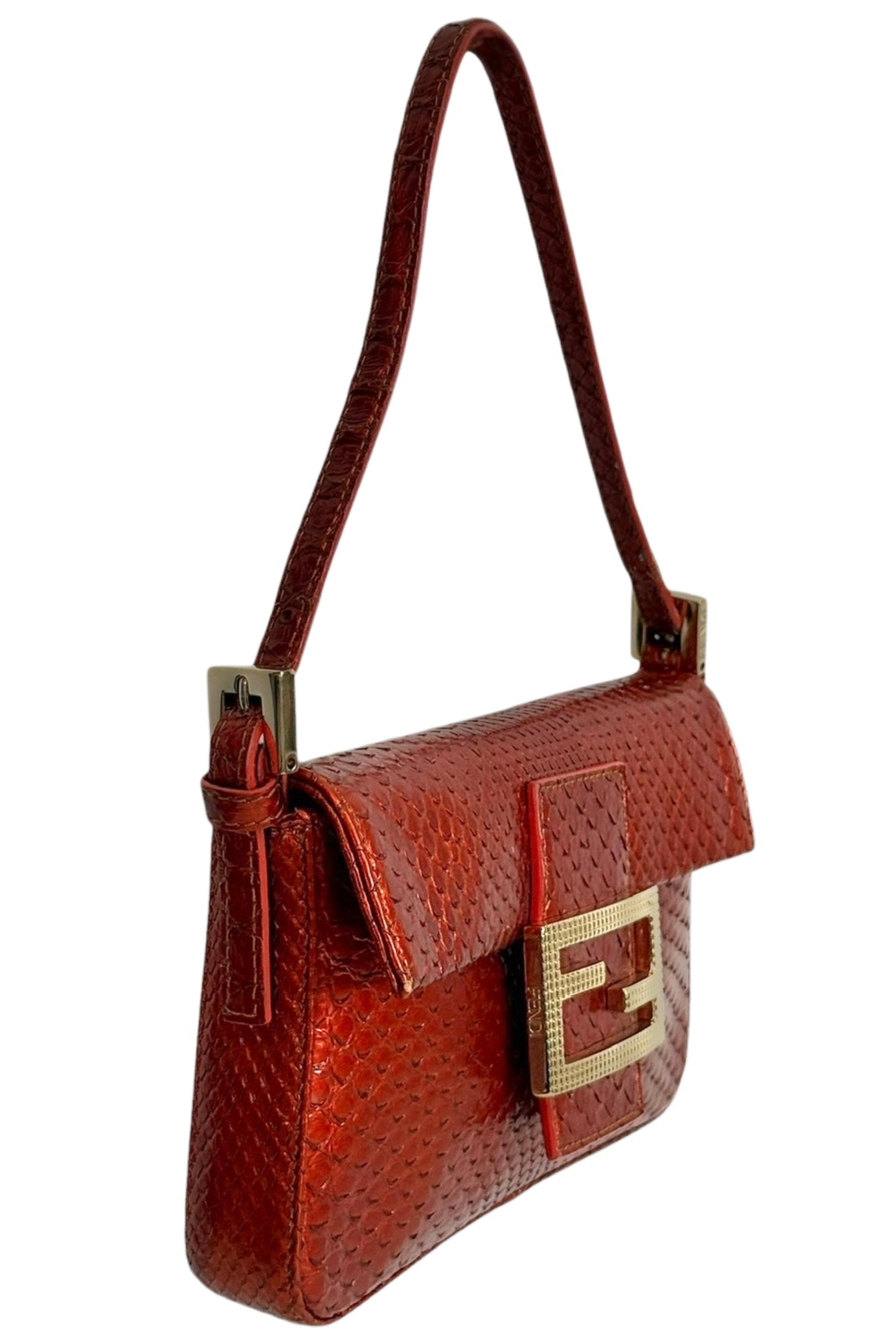 Fendi Vintage Burnt Orange Python Mini Baguette Shoulder Bag