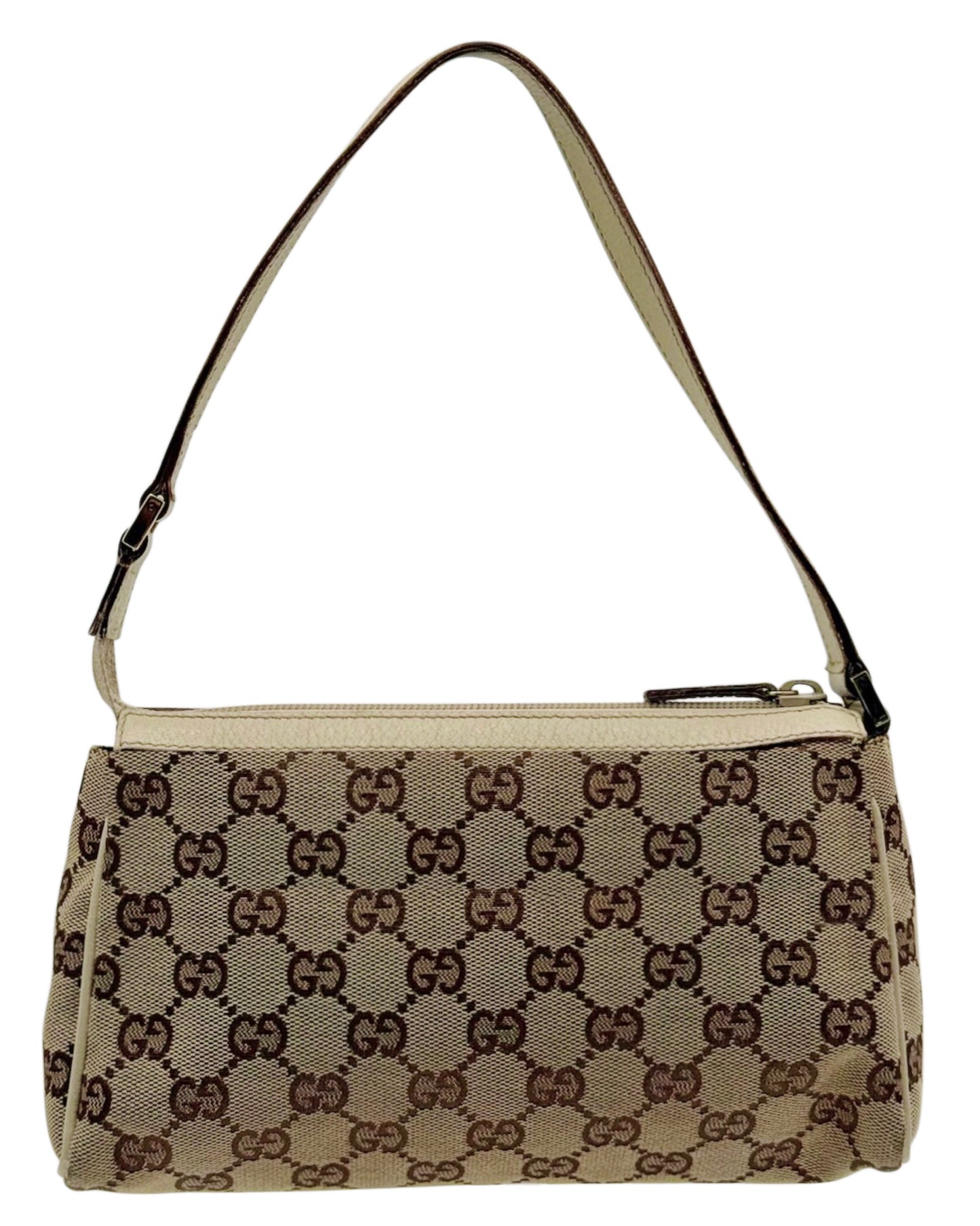Gucci Vintage Brown GG Monogram Canvas w Ivory Leather Trim D Ring Pochette Shoulder Bag